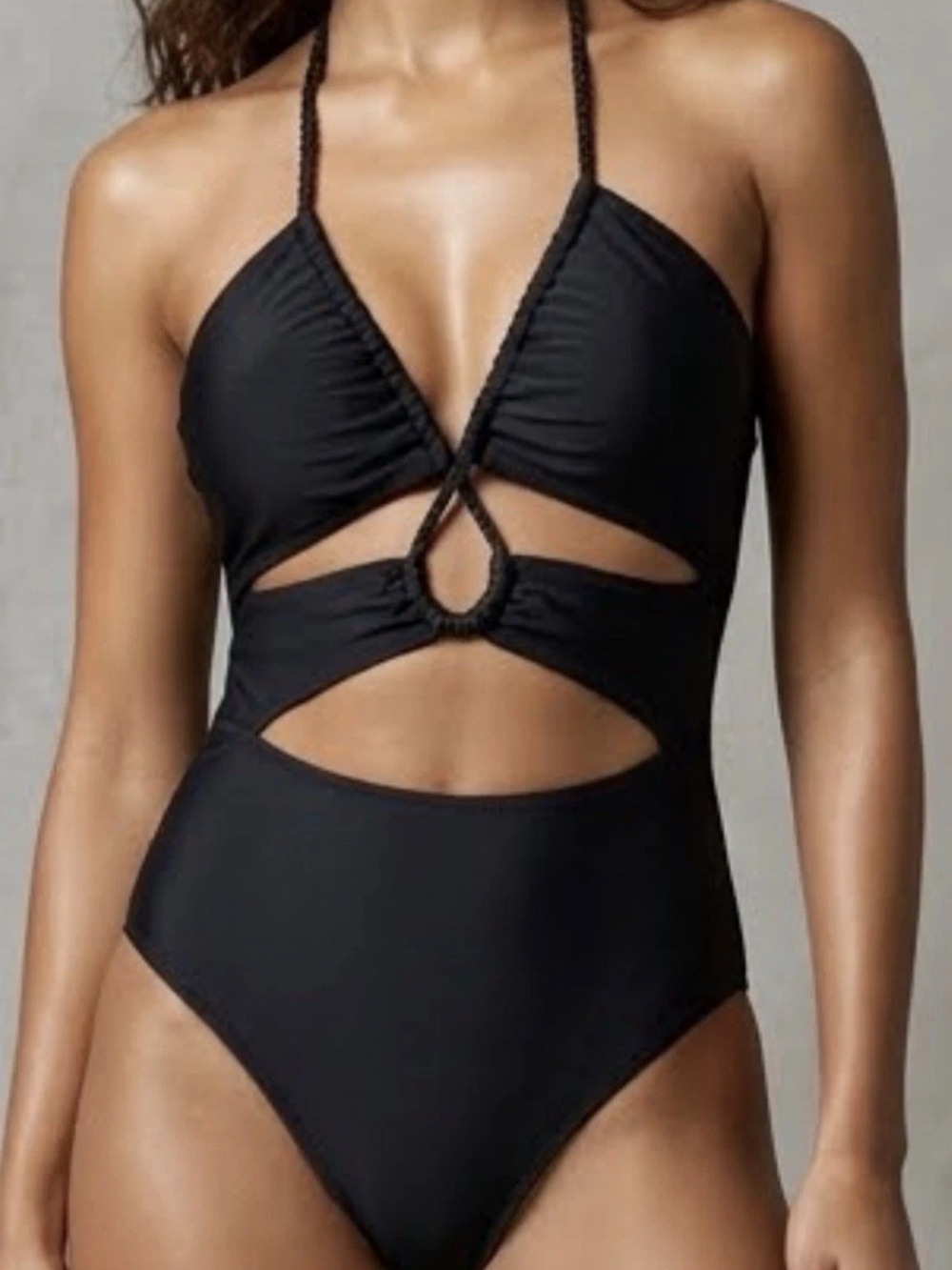 NWT Aerie Black One Piece Swimsuit Halter Top Braided Straps Womens Sz Large